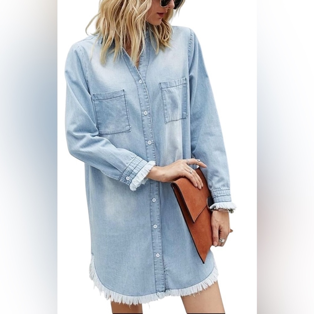 Zilcremo Women Denim Button Down Shirt Dress Long Sleeve Distressed Jean Sz L